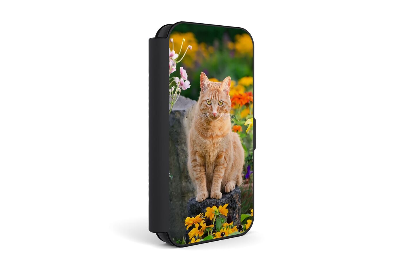 Funda de móvil personalizada con fotos Nivocase con Tapa. Foto de un gato con flores en la carcasa.