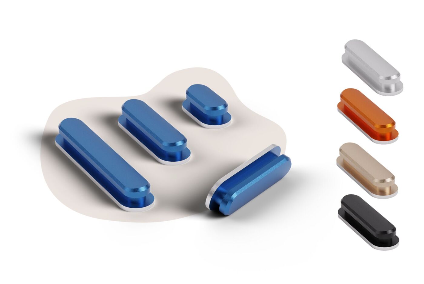 Kit de botones de colores para complementar tu funda de móvil personalizada CEWE, ideales para cubrir el boto de desbloqueo y el volumen.