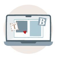Ilustración de un portátil diseñando un álbum de fotos.